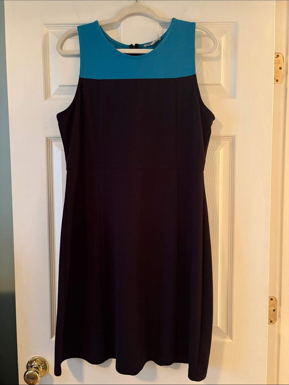 Sleeveless Navy Dress with Turquoise Yoke - Classic Women's Shift